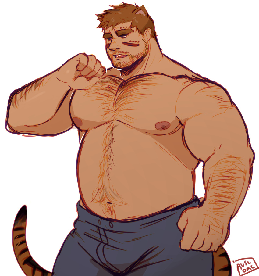 1boy animal_ears arm_hair bara beard_stubble belly brown_hair bulge chest_hair eye_black feet_out_of_frame hairy highres large_pectorals looking_ahead male_focus mature_male muscular muscular_male navel navel_hair nipples original pants pectorals ruslorc sanpaku short_hair solo standing stomach tail thick_eyebrows tiger_boy tiger_ears tiger_tail topless_male