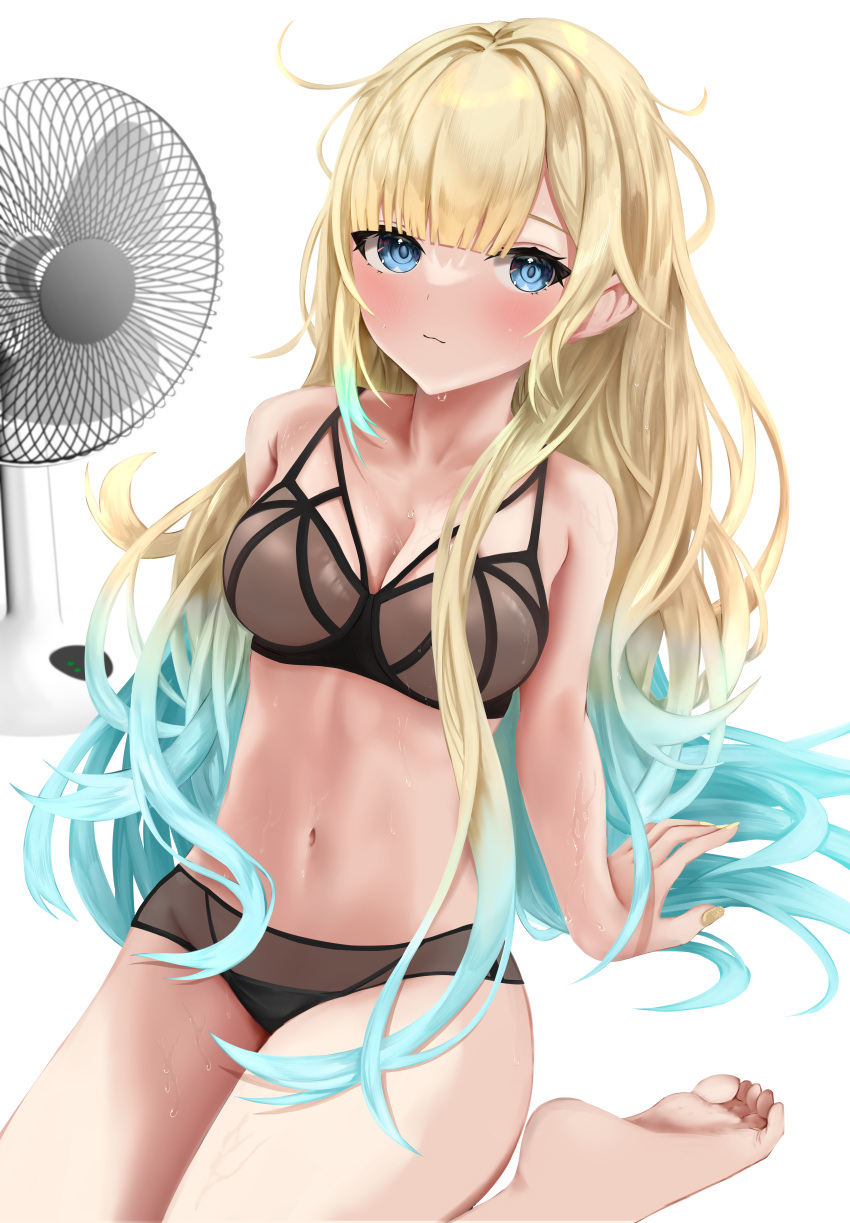 1girl absurdres aizawa_ema arm_support barefoot black_bra black_panties blonde_hair blue_eyes blue_hair blunt_bangs blush bra breasts feet gradient_hair highres hot large_breasts lingerie long_hair looking_at_viewer multicolored_hair navel panties sitting soles solo stomach sweat toes touyou_to underwear very_long_hair virtual_youtuber vspo! yellow_nails
