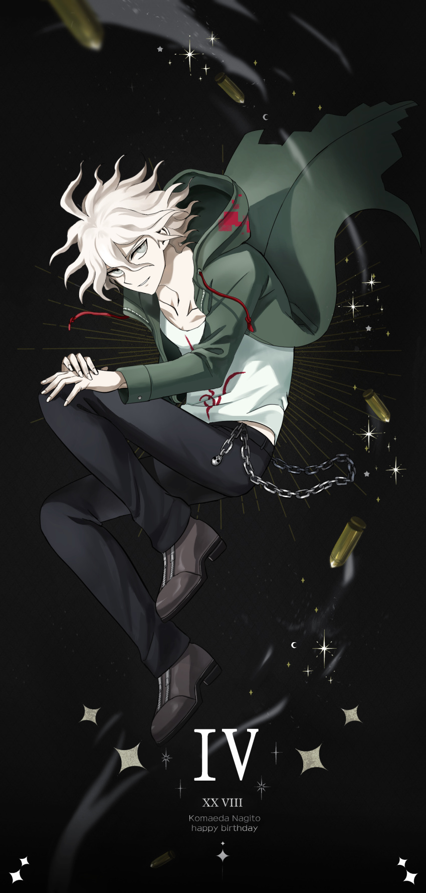 1boy absurdres ahoge black_pants bullet chain character_name danganronpa_(series) danganronpa_2:_goodbye_despair full_body green_jacket grey_eyes grey_hair hair_between_eyes happy_birthday highres jacket komaeda_nagito male_focus messy_hair natsukusa_(hacho129) pants print_shirt shirt smile solo sparkle torn_jacket white_shirt