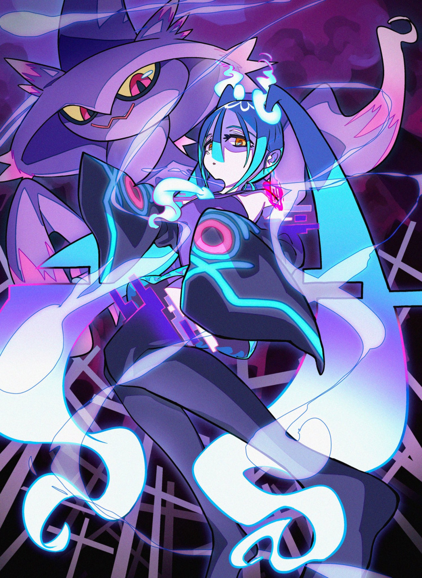 1girl aqua_hair black_thighhighs ghost ghost_miku_(project_voltage) grey_shirt hair_between_eyes hatsune_miku highres long_hair looking_down mismagius mk_928225 necktie pale_skin pokemon pokemon_(creature) project_voltage shirt skirt sleeves_past_wrists thighhighs twintails very_long_hair vocaloid will-o'-the-wisp_(mythology) yellow_eyes