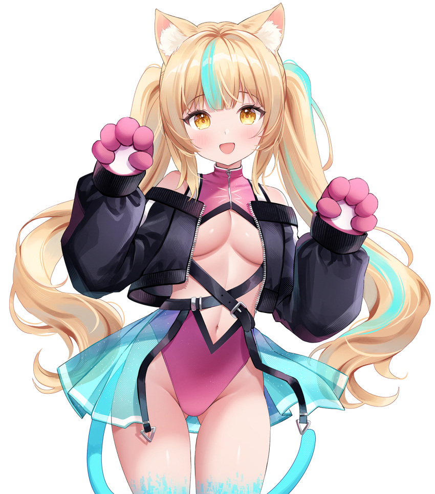 1girl animal_ears aqua_skirt ass_visible_through_thighs bare_shoulders belt_buckle black_jacket blonde_hair breasts buckle character_request commission cowboy_shot cropped_jacket hands_up highleg highleg_leotard highres jacket leotard long_hair long_sleeves looking_at_viewer medium_breasts miniskirt multicolored_hair nami_(nyaa) navel off_shoulder open_clothes open_jacket open_mouth original paw_pose pink_leotard pleated_skirt revealing_clothes see-through showgirl_skirt simple_background skirt smile solo thighs twintails two-tone_hair underboob very_long_hair white_background yellow_eyes