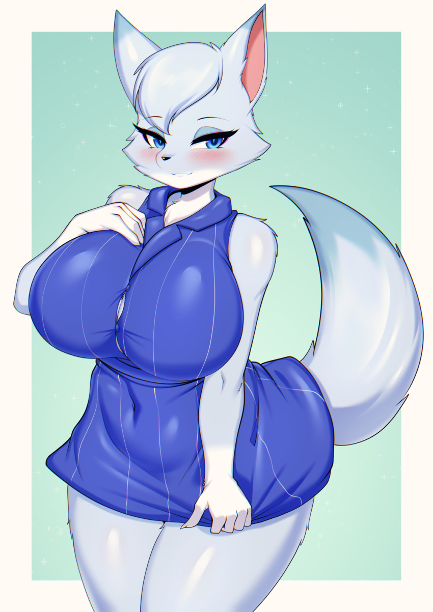 anthro belly big_breasts blue_eyes blush breasts canid clothing female fur grey_body grey_fur grey_hair hair hi_res huge_breasts huge_thighs looking_at_viewer mammal navel slightly_chubby slightly_chubby_anthro slightly_chubby_female smile solo standing tail tailzkim thick_thighs unknown_character