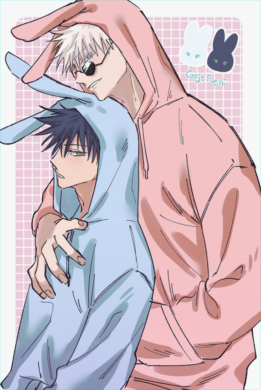 2boys animal_hood black_hair blue_eyes blue_hoodie fushiguro_megumi fushirun_rung gojou_satoru green_eyes height_difference highres hood hood_up hoodie jujutsu_kaisen korean_commentary long_sleeves looking_at_viewer male_focus multiple_boys parted_lips pink_hoodie rabbit_hood short_hair smile spiked_hair sunglasses white_hair