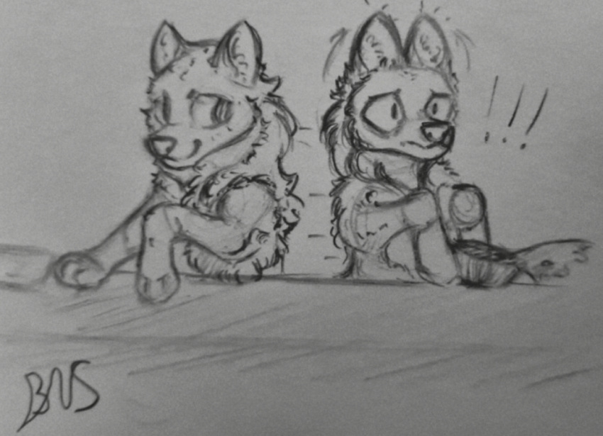 arctic_fox canid canine duo ears_up exclamation female fluffy fox mammal monochrome pinky_bestia prank shaded shocked simple_background simple_eyes simple_shading sketch spilled_drink traditional_media_(artwork)
