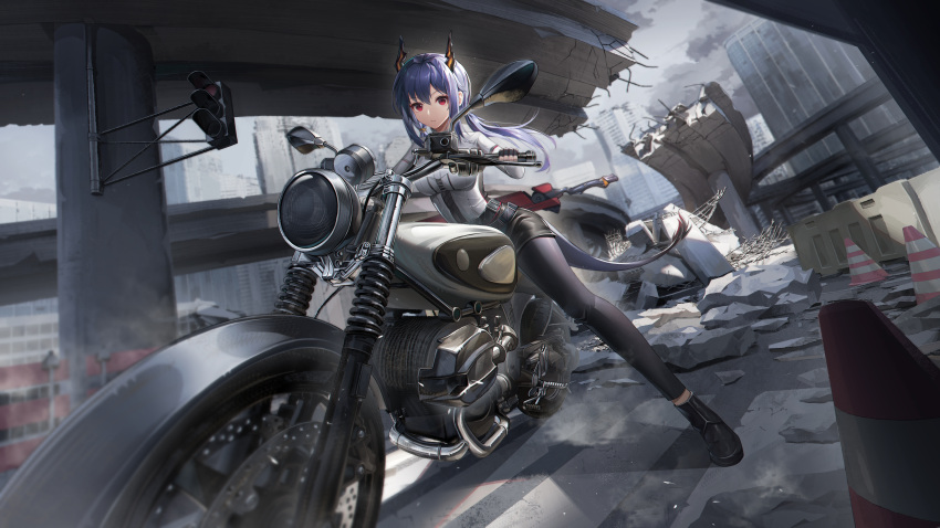1girl absurdres arknights black_footwear black_gloves black_shorts blue_hair blue_leggings bridge building ch'en_(arknights) closed_mouth cloud fingerless_gloves gloves highres horns leggings long_hair looking_at_viewer motor_vehicle motorcycle on_motorcycle outdoors red_eyes revision shirt shoes shorts sitting solo traffic_cone traffic_light wa_(user_snch2757) white_shirt