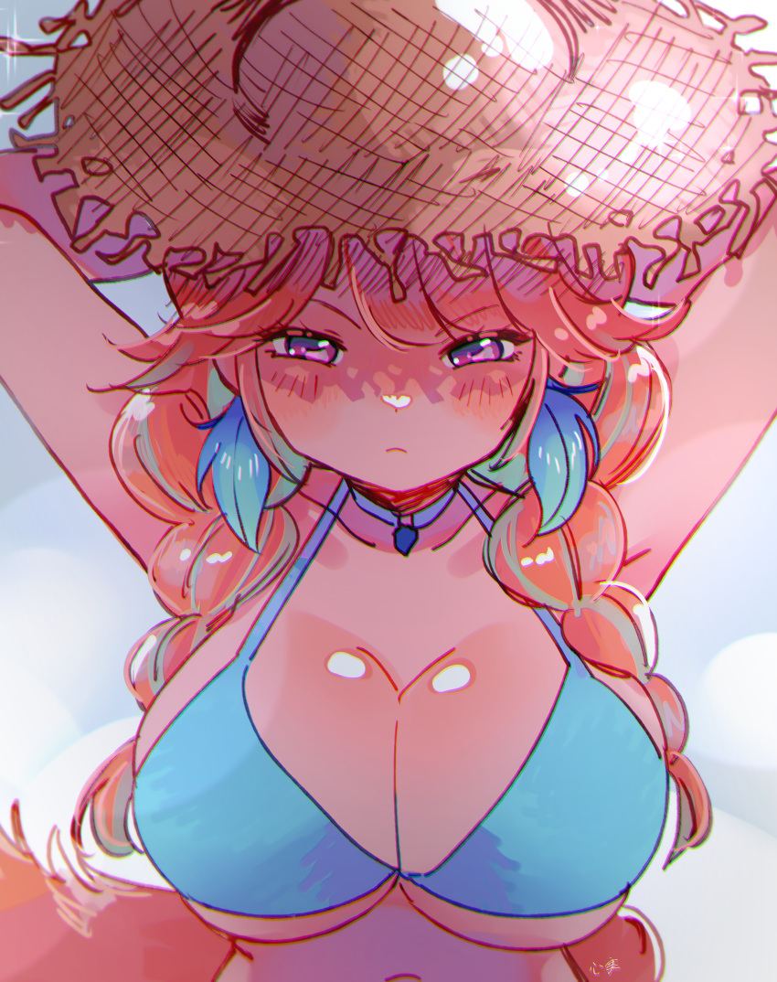 1girl absurdres arms_behind_head arms_up bikini blue_bikini blush braid breasts cleavage closed_mouth collarbone green_hair hat highres hololive hololive_english kokomi_(aniesuakkaman) large_breasts looking_at_viewer multicolored_hair orange_hair purple_eyes shiny_skin solo straw_hat sun_hat swimsuit takanashi_kiara twin_braids upper_body virtual_youtuber