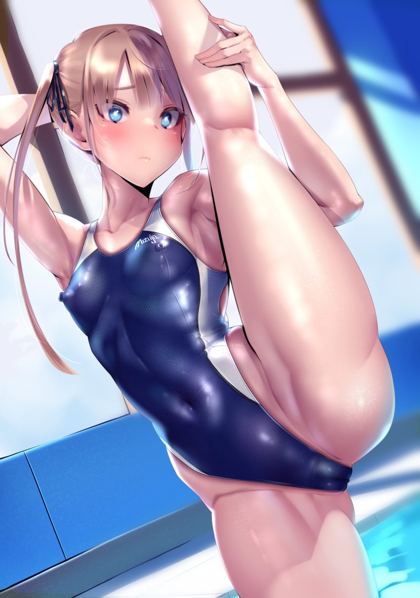 1girl absurdres andou_you black_ribbon blonde_hair blue_eyes blue_one-piece_swimsuit blush breasts brown_hair closed_mouth commentary_request competition_swimsuit covered_navel covered_nipples cowboy_shot dutch_angle hair_ribbon highleg highleg_swimsuit highres indoors kneepits leg_hold leg_up long_hair looking_at_viewer one-piece_swimsuit original ribbon small_breasts solo split standing standing_on_one_leg standing_split swimsuit twintails