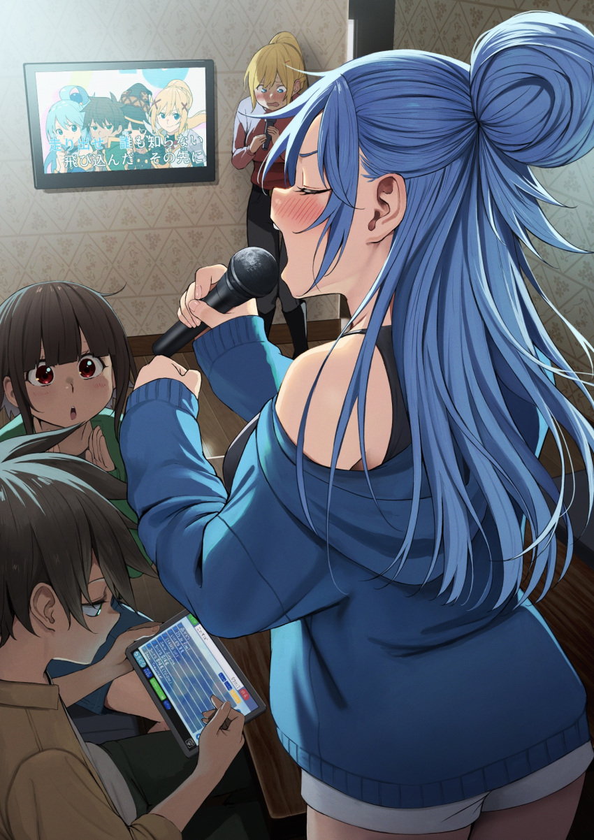 1boy 3girls :o alternate_costume aqua_(konosuba) blonde_hair blue_hair blue_hoodie blush breasts brown_hair darkness_(konosuba) from_behind hand_up highres holding holding_microphone holding_tablet_pc hood hood_down hoodie indoors izawa_(bhive003) karaoke kono_subarashii_sekai_ni_shukufuku_wo! large_breasts long_hair long_sleeves megumin microphone multiple_girls music ponytail red_eyes satou_kazuma shorts singing single_bare_shoulder standing table tablet_pc television white_shorts wooden_floor