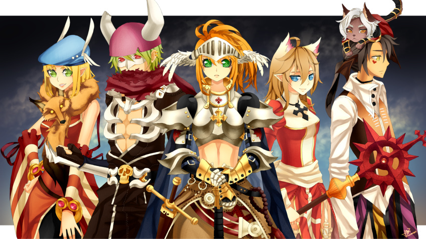 3boys 3girls animal_around_neck armor assassin_cross_(ragnarok_online) belt beret black_belt black_pants black_shirt blonde_hair blue_cape blue_eyes blue_headwear boobplate breastplate breasts brown_cape brown_hair brown_skirt brown_vest cape cat_boy closed_mouth clown_(ragnarok_online) collared_shirt commentary commentary_request cowboy_shot crosier cross detached_sleeves dress english_commentary expressionless eye_mask facial_tattoo fake_horns feathered_wings fox furry furry_male gauntlets green_eyes grin hair_between_eyes hat head_wings heart heart_tattoo helmet high_priest_(ragnarok_online) highres holding holding_staff holding_sword holding_weapon horned_helmet horns lazzi light_brown_hair long_bangs long_hair looking_afar looking_at_viewer low_ponytail medium_bangs medium_breasts multiple_boys multiple_girls open_clothes open_shirt paladin_(ragnarok_online) pants pauldrons pelvic_curtain pointy_ears professor_(ragnarok_online) ragnarok_online red_cape red_dress red_eyes red_scarf red_sleeves ringed_eyes sash scarf shirt shoulder_armor signature skirt skull sleeveless sleeveless_dress smile staff standing_on_another's_head striped_sleeves summoner_(ragnarok_online) sword tail_armor tattoo two-tone_dress vambraces vest visor_(armor) waist_cape weapon white_dress white_hair white_sash white_shirt white_sleeves white_wings wings