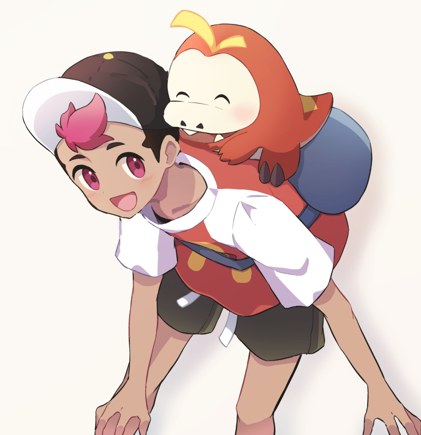 1boy :d bag blush commentary_request dark-skinned_male dark_skin fuecoco haru_(haruxxe) hat highres leaning_forward looking_back male_focus open_mouth pink_eyes pink_hair pokemon pokemon_(anime) pokemon_(creature) pokemon_horizons pokemon_on_back raglan_sleeves red_shirt roy_(pokemon) shirt short_sleeves shorts simple_background smile t-shirt white_background