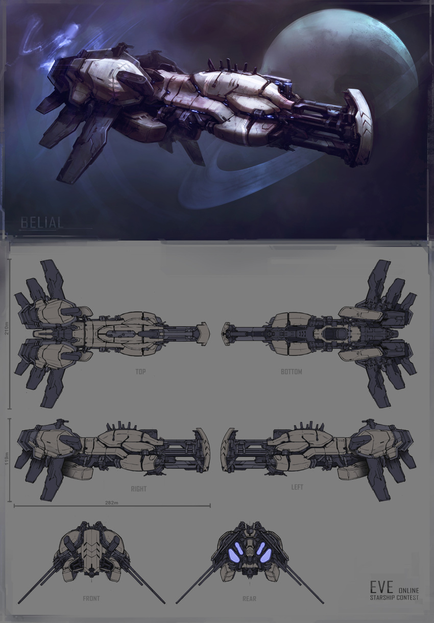 cannon commentary concept_art copyright_name cruiser_(eve_online) eve_online flying from_side glowing highres military_vehicle multiple_views no_humans original outdoors photoshop_(medium) planet planetary_ring rawwad reference_sheet science_fiction space spacecraft thrusters turret