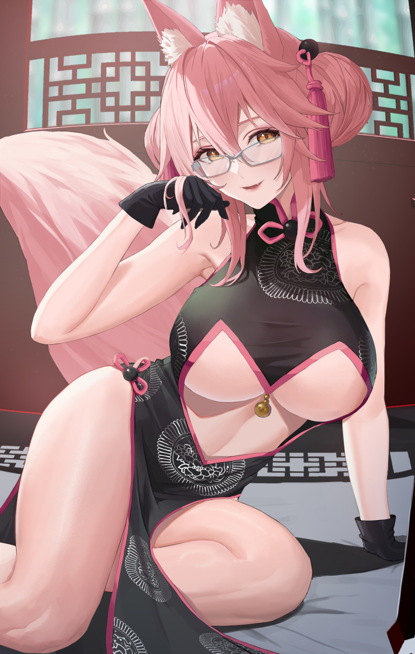 1girl animal_ear_fluff animal_ears asurada_yui bell black_dress black_gloves blush breasts center_opening china_dress chinese_clothes double_bun dress fate/grand_order fate_(series) fox_ears fox_girl fox_tail glasses gloves hair_between_eyes hair_bun highres jingle_bell koyanskaya_(chinese_lostbelt_outfit)_(fate) koyanskaya_(fate) large_breasts long_hair looking_at_viewer open_mouth pink_hair side_slit sidelocks sitting sleeveless sleeveless_dress smile solo tail tamamo_(fate) tassel thighs underboob yellow_eyes