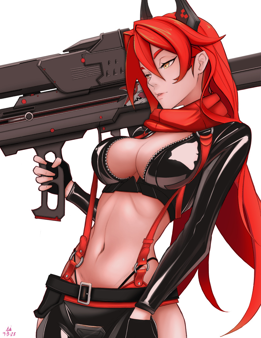 1girl absurdres black_gloves black_jacket black_pants breasts cleavage cowboy_shot cropped_jacket dated english_commentary fingerless_gloves gloves goddess_of_victory:_nikke groin hair_between_eyes hair_intakes highleg highleg_panties highres hip_vent holding holding_rocket_launcher holding_weapon horns jacket kono_yaro leather leather_jacket leather_pants long_hair long_sleeves mechanical_horns medium_breasts midriff navel panties pants parted_lips red_hair red_hood_(nikke) red_scarf rocket_launcher scarf sidelocks signature simple_background solo standing underwear unzipped weapon white_background yellow_eyes