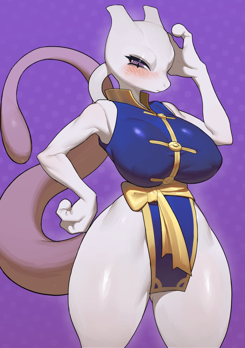 anthro big_breasts blush breasts clothed clothing curvy_figure female generation_1_pokemon hi_res huge_breasts legendary_pokemon martial_arts_style_mewtwo mewtwo nintendo nipple_outline pattern_background pokemon pokemon_(species) pokemon_unite purple_background purple_eyes simple_background small_waist solo thick_thighs wide_hips yawar