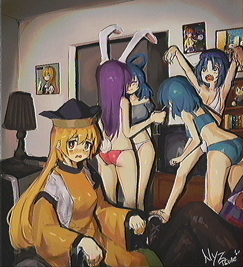 5girls animal_ears artist_name bikini blonde_hair blue_panties highres indoors kaku_seiga looking_at_viewer matara_okina miyako_yoshika multiple_girls nyztsune panties picture_(object) pink_panties purple_hair rabbit_ears rabbit_girl rabbit_tail reisen_udongein_inaba sitting swimsuit tail tatara_kogasa touhou underwear wide_sleeves yellow_eyes yellow_sleeves