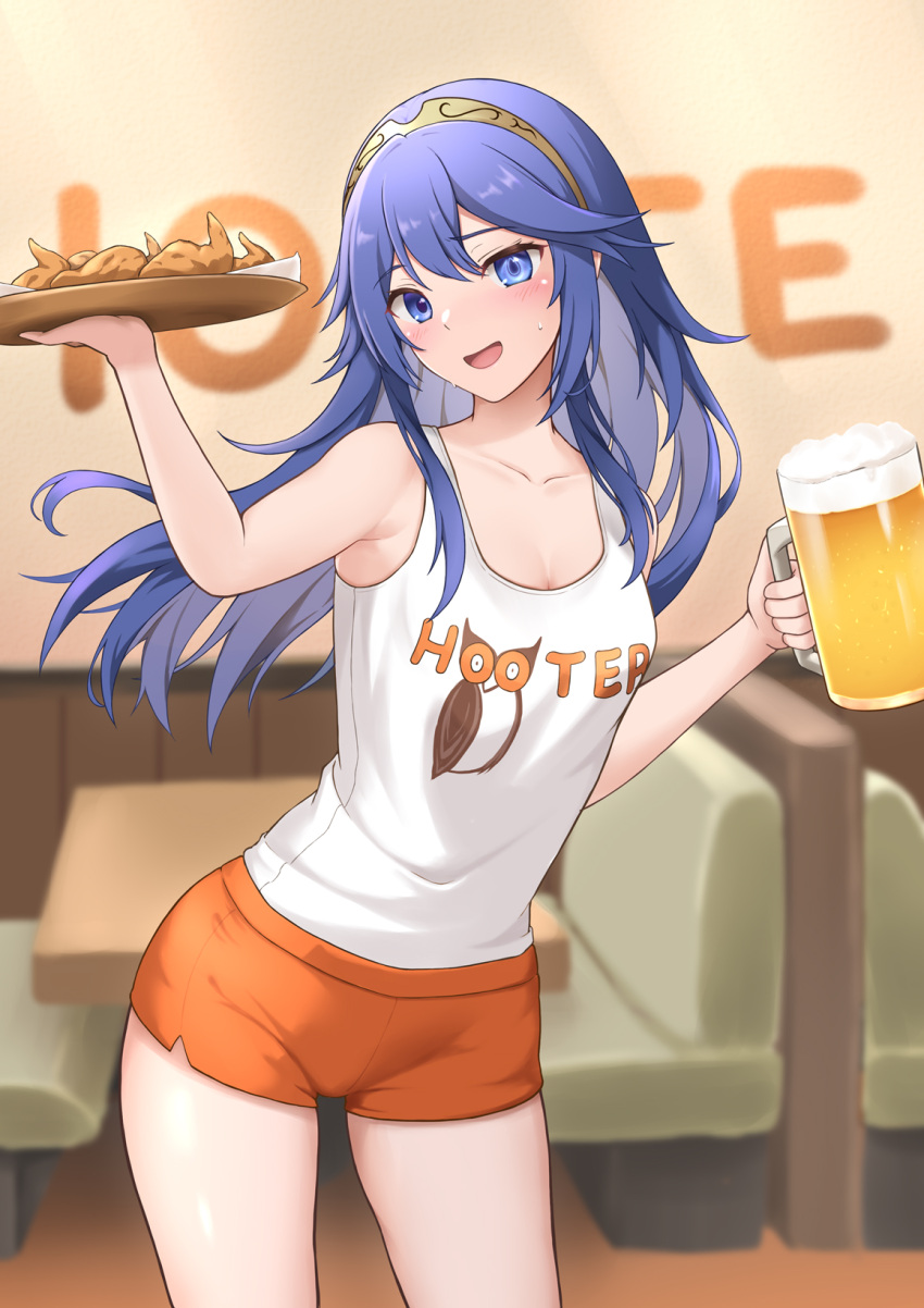 1girl :d bare_shoulders beer_mug blue_eyes blue_hair blush chicken_(food) commentary commission cowboy_shot cup employee_uniform fire_emblem fire_emblem_awakening food highres holding holding_cup hooters indoors long_hair looking_at_viewer lucina_(fire_emblem) mug orange_shorts shirt short_shorts shorts skeb_commission sleeveless smile solo sweatdrop takaneko tiara uniform white_shirt