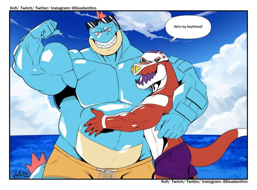 2023 anthro beach belly black_sclera blue_body blue_scales blue_sky claws clothed clothing cloud crocodilian deadanthro dialogue duo embrace english_text eyewear eyewear_on_head feraligatr finger_claws flexing_bicep generation_2_pokemon generation_9_pokemon hair hi_res hug larger_male looking_at_viewer male male/male multicolored_body multicolored_scales muscular muscular_anthro muscular_male nintendo open_mouth pecs pokemon pokemon_(species) purple_clothing purple_swimming_trunks purple_swimwear purple_tongue red_body red_eyes red_hair red_scales reptile scales scalie sea seaside signature size_difference skeledirge sky smaller_male smile speech_bubble sunglasses sunglasses_on_head swimming_trunks swimwear tan_body tan_scales teeth_showing text tongue topless twitter_handle two_tone_body two_tone_scales water white_body white_scales yellow_clothing yellow_eyes yellow_swimming_trunks yellow_swimwear