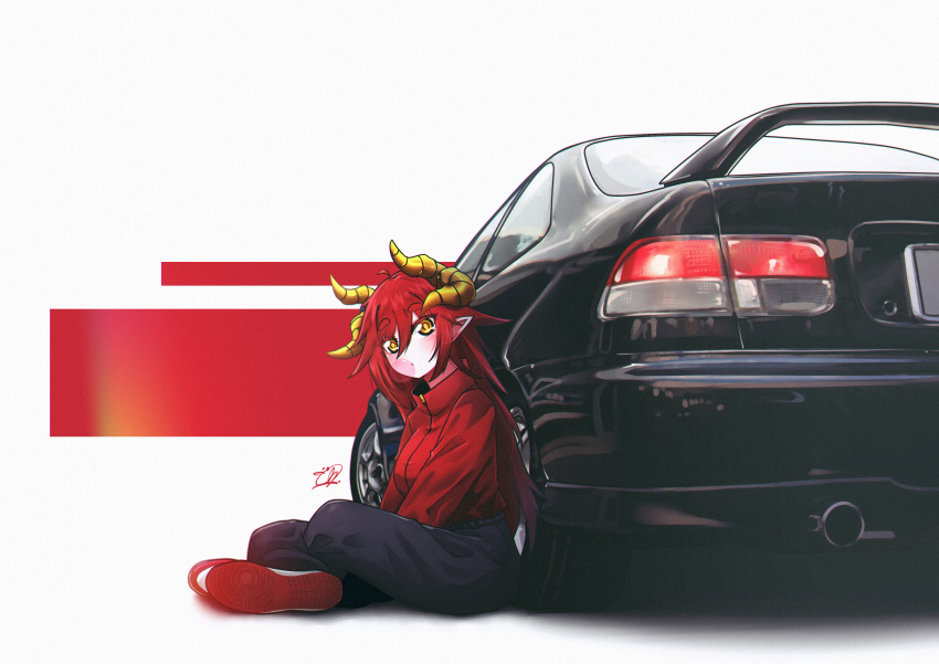1girl absurdres black_pants blush breasts brown_eyes car chewing_gum commentary hair_behind_ear head_tilt highres honda honda_civic horns indian_style jacket long_hair looking_at_viewer medium_breasts mizzterbii motor_vehicle original pants pointy_ears red_footwear red_hair red_jacket shoes signature sitting sneakers spoiler_(automobile) sweatpants symbol-only_commentary very_long_hair