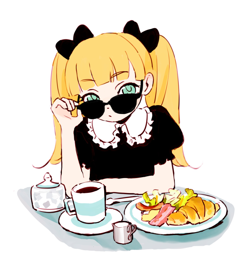 1girl adjusting_eyewear aqua_eyes arm_rest bacon black_bow blonde_hair blunt_bangs bow breakfast closed_mouth coffee creamer_(vessel) croissant cup dated_commentary drink elbow_rest food frilled_shirt_collar frilled_sleeves frills hair_bow hand_on_eyewear highres idolmaster idolmaster_cinderella_girls iwashi_iwashimo long_hair looking_at_viewer looking_over_eyewear mary_cochran meal plate puffy_short_sleeves puffy_sleeves salad saucer short_sleeves simple_background solo sugar_bowl sunglasses teacup twintails upper_body white_background