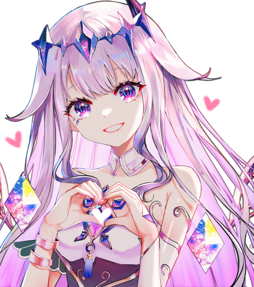 1girl absurdres bracelet chest_jewel detached_collar grey_hair heart heart_hands highres hololive hololive_english jewelry koseki_bijou long_hair purple_eyes sowon strapless virtual_youtuber white_background