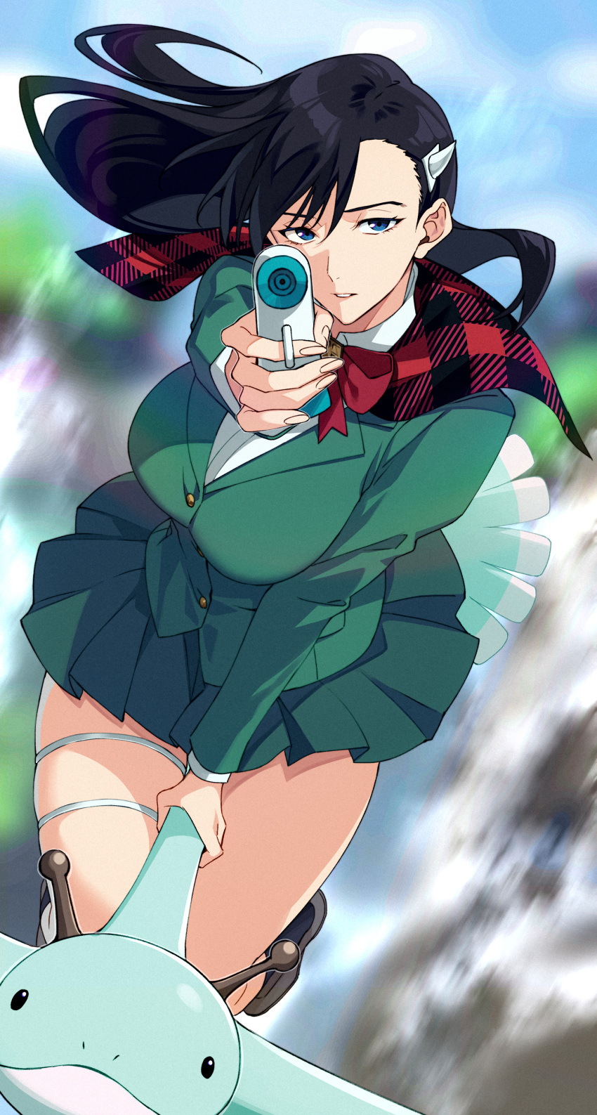 1girl absurdres aiming aiming_at_viewer asymmetrical_bangs black_hair black_socks blue_eyes blurry blurry_background bow bowtie breasts brown_footwear burn_the_witch capelet dragon film_grain fingernails floating_hair full_body green_jacket green_skirt gun highres jacket large_breasts long_hair looking_at_viewer motion_blur niihashi_noel onimoti open_mouth parted_lips plaid_capelet pleated_skirt red_bow red_bowtie red_capelet riding shirt skirt socks solo thigh_strap thighs weapon white_shirt