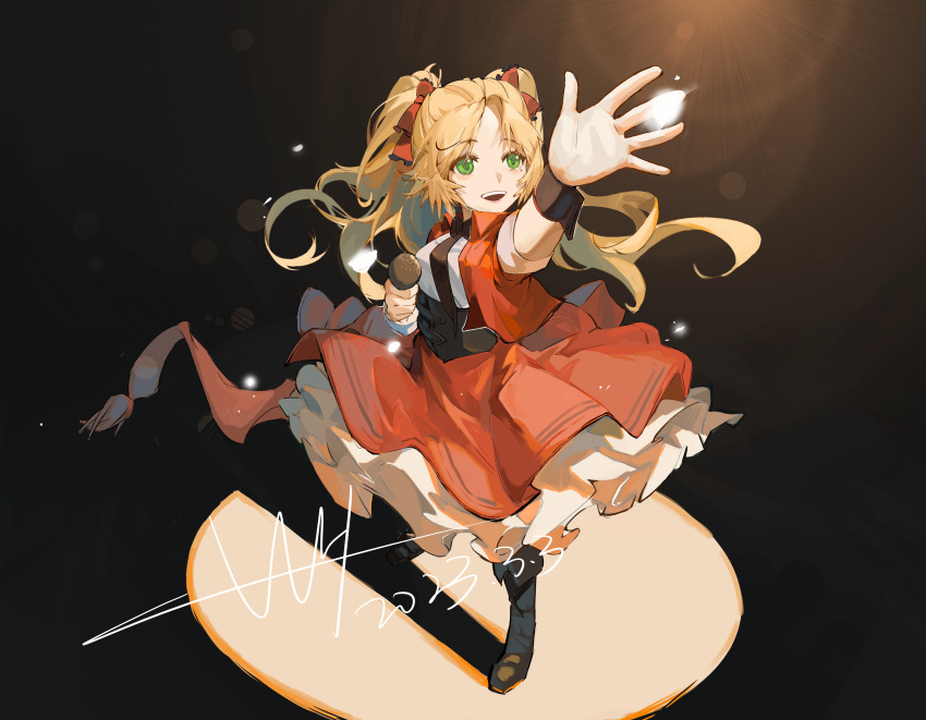 1girl 8873206812 :d absurdres arknights arm_up black_bow black_footwear black_necktie blonde_hair boots bow breasts collared_shirt dated frilled_skirt frills green_eyes hair_bow highres holding holding_microphone jacket long_hair long_sleeves medium_breasts microphone necktie open_clothes open_jacket parted_bangs pinecone_(arknights) pinecone_(sing_a_song)_(arknights) red_bow red_jacket red_skirt shirt signature skirt smile solo standing twintails very_long_hair white_shirt wrist_cuffs