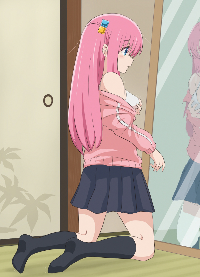 1girl black_skirt black_socks blue_eyes bocchi_the_rock! bra cube_hair_ornament from_side fusuma gotou_hitori grabbing_own_breast hair_ornament highres hirondo indoors jacket kneeling long_hair long_sleeves looking_at_mirror mirror no_shoes off_shoulder one_side_up pink_hair pink_jacket pink_track_suit pleated_skirt profile reflection skirt sliding_doors socks solo tatami track_jacket underwear white_bra
