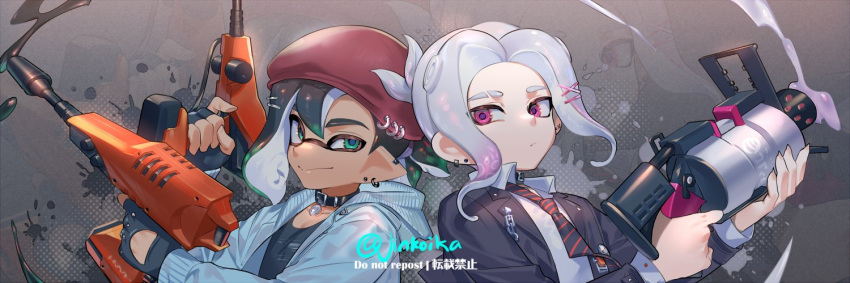 .52_gal_(splatoon) 2boys artist_name back-to-back beret black_choker black_hair black_necktie black_shirt blue_hoodie choker collared_shirt commentary_request dot_mouth dual_wielding dualie_squelcher_(splatoon) ear_piercing earrings gradient_hair green_eyes green_hair grey_background gun hat holding holding_gun holding_weapon hood hoodie inkling inkling_boy jewelry jinkobanana male_focus multicolored_hair multiple_boys necktie octoling octoling_boy piercing pink_eyes pink_hair safety_pin shirt smile splatoon_(series) two-tone_hair weapon white_hair white_shirt zoom_layer