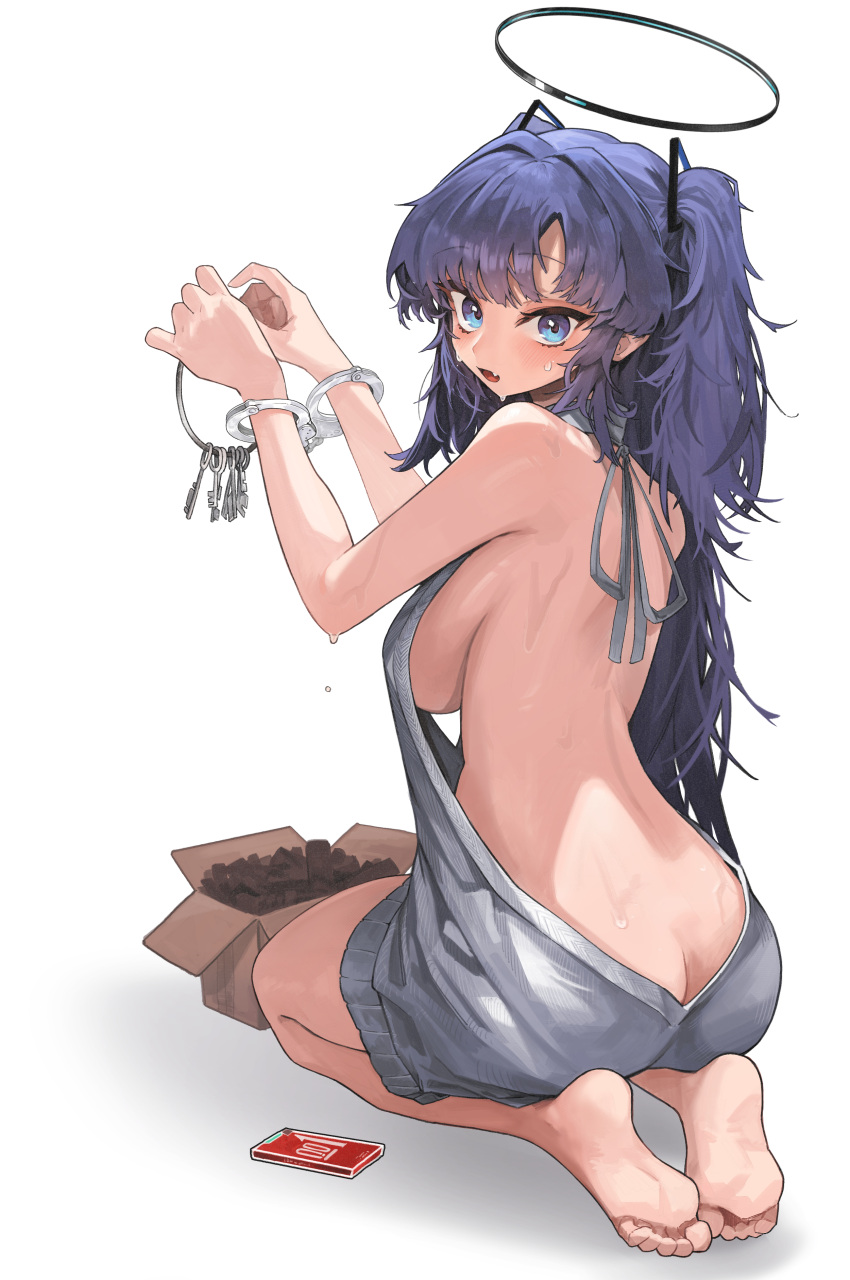 1girl absurdres alternate_costume ass bare_back bare_legs barefoot blue_archive blue_eyes blush bound bound_wrists breasts butt_crack condom_box cuffs fang feet from_behind halo handcuffs highres indoors keyring kneeling large_breasts long_hair looking_at_viewer looking_back meme_attire movik purple_hair sideboob soles solo sweatdrop toes two_side_up underboob very_long_hair virgin_killer_sweater yuuka_(blue_archive)