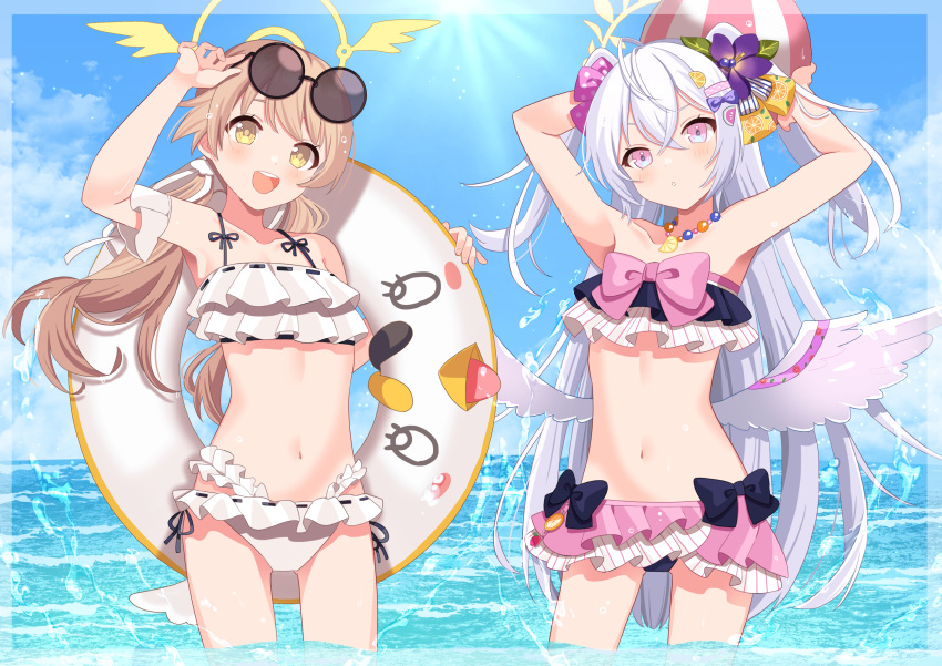 2girls :o absurdres adjusting_eyewear armpits arms_up azusa_(blue_archive) azusa_(swimsuit)_(blue_archive) ball bare_shoulders beachball bead_necklace beads bikini bikini_skirt blonde_hair blue_archive blue_sky blush bow bow_bikini cloud cloudy_sky collarbone eyewear_on_head feathered_wings flower food-themed_hair_ornament frilled_bikini_top hair_bow hair_flower hair_ornament hairclip halo hifumi_(blue_archive) hifumi_(swimsuit)_(blue_archive) highres holding holding_ball holding_innertube innertube jewelry light_rays looking_at_viewer low_twintails low_wings midriff mui_(08mui_) multiple_girls navel necklace ocean official_alternate_costume official_alternate_hairstyle open_mouth orange_hair_ornament orange_print outdoors parted_lips pink_bow pink_eyes print_innertube purple_bow round_eyewear side-tie_bikini_bottom sky smile stomach sunbeam sunglasses sunlight swimsuit teeth twintails two_side_up upper_teeth_only watermelon_hair_ornament white_bikini white_hair white_wings wing_hair_ornament winged_halo wings yellow_bow yellow_eyes yellow_halo