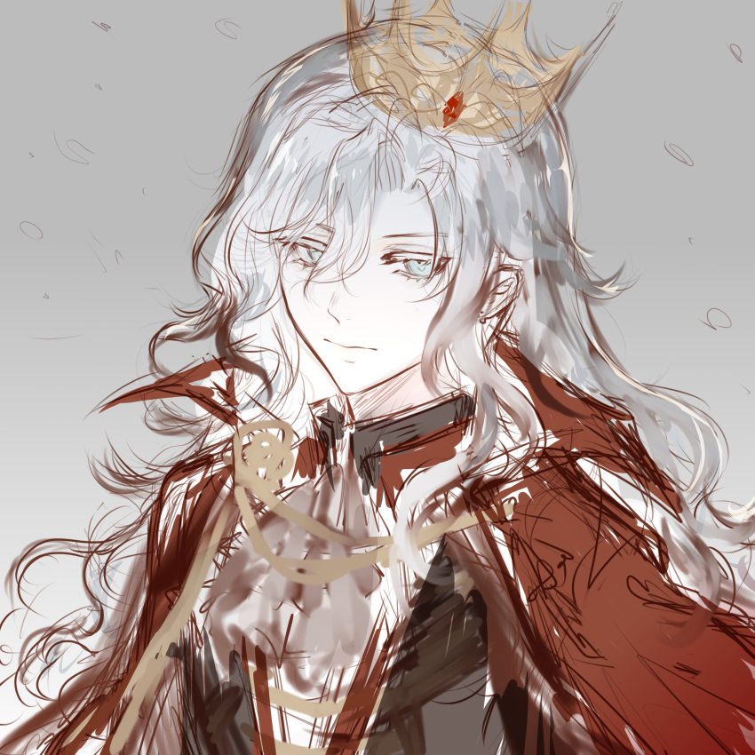 1boy absurdres after_becoming_the_tyrant bishounen blue_eyes cape closed_mouth crown feihan981 gem hair_between_eyes highres king long_hair looking_at_viewer male_focus purlan_i red_cape red_gemstone sample_watermark sketch solo upper_body wavy_hair white_hair