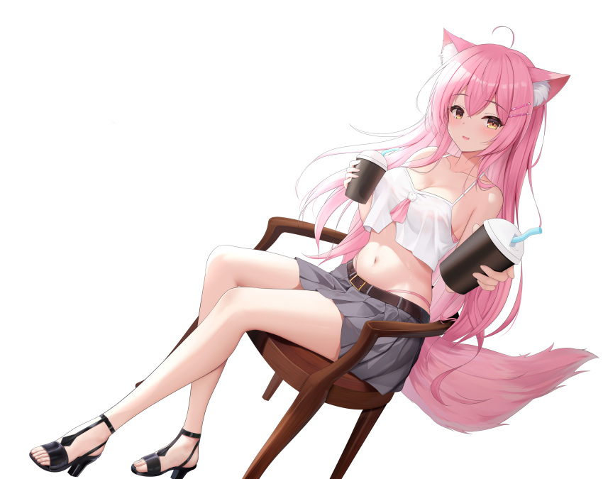 1girl ahoge animal_ear_fluff animal_ears bare_legs bare_shoulders belt bra breasts camisole chair cleavage crop_top crop_top_overhang cup disposable_cup dutch_angle fox_ears fox_girl fox_tail grey_skirt hair_ornament hairclip highleg highres holding large_breasts long_hair looking_at_viewer midriff miniskirt navel open_mouth original panty_straps pink_bra pink_hair pleated_skirt sandals see-through shenqi_(toid310) shirt simple_background sitting skindentation skirt sleeveless sleeveless_shirt smile solo spaghetti_strap stomach strapless strapless_bra tail thighs underwear very_long_hair white_background white_shirt yellow_eyes