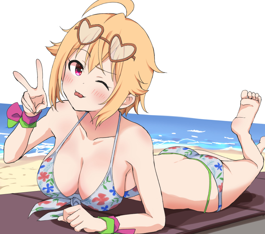 1girl ;p ahoge ass beach bikini blonde_hair breasts collarbone eyewear_on_head fancy_glasses haruki_(haruki678) highres ibuki_tsubasa idolmaster idolmaster_million_live! large_breasts looking_at_viewer lying ocean on_stomach one_eye_closed pink_eyes print_bikini sand short_hair smile solo swimsuit tongue tongue_out v