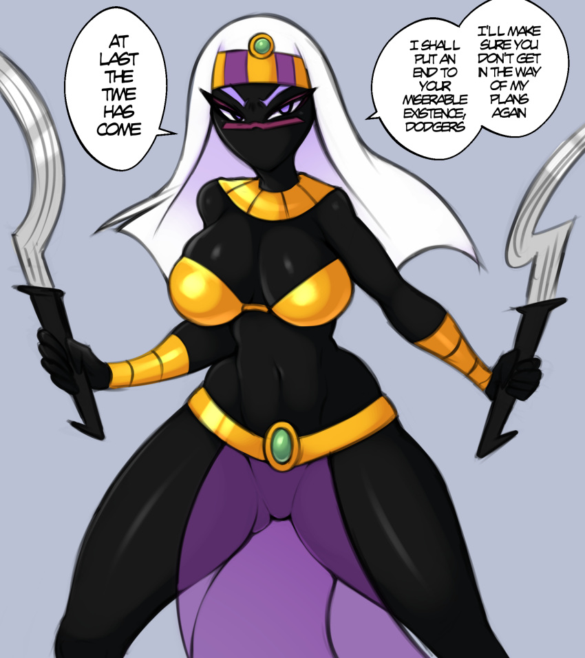 alien alien_humanoid black_body bottomwear breasts clothing dialogue dual_wielding duck_dodgers english_text female hair hi_res holding_melee_weapon holding_object holding_weapon humanoid loincloth melee_weapon mouthless not_furry queen_tyr'ahnee saltyxodium solo text thick_thighs translucent translucent_hair weapon
