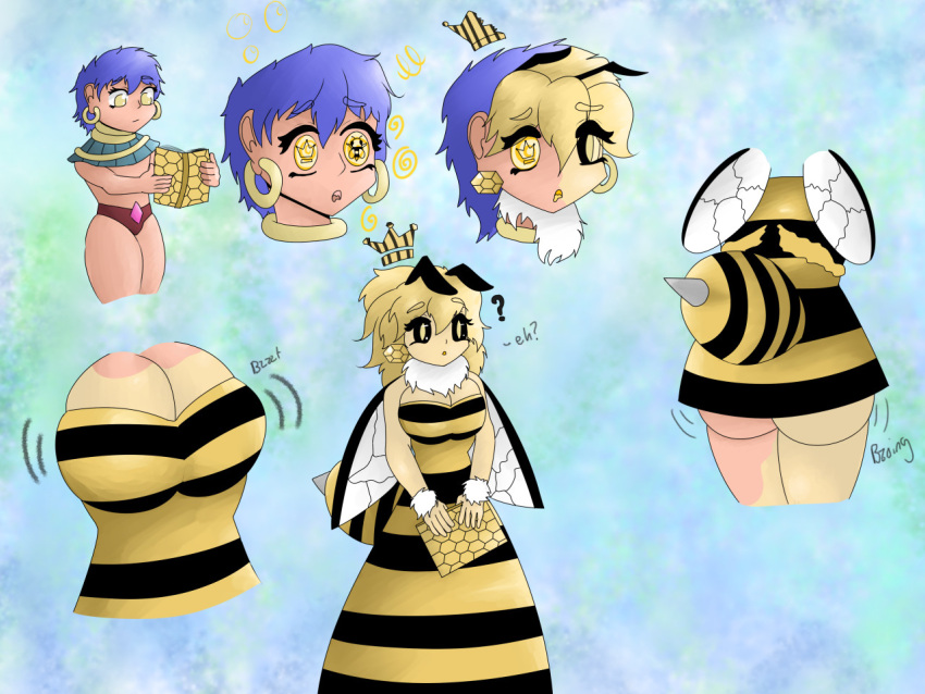 arthropod bee bee_stinger blonde_hair blue_hair book brainwashing breasts clothed clothing colored confusion crown dress ear_piercing ear_ring eyelashes female gender_transformation growth hair hair_growth headgear human humanoid hymenopteran insect long_hair male mammal medium_breasts mtf_transformation neck_tuft open_mouth piercing queen_bee quickcast ring_piercing solo species_transformation transformation tuft wings wrist_fluff yellow_body yellow_eyes