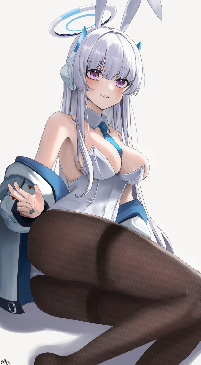 1girl absurdres animal_ears black_pantyhose blue_archive blue_necktie blush breasts detached_collar fake_animal_ears grey_hair grin halo highres jacket large_breasts leotard long_hair long_sleeves looking_at_viewer mechanical_halo miruku_pan necktie noa_(blue_archive) pantyhose purple_eyes rabbit_ears signature simple_background smile solo strapless strapless_leotard white_background white_jacket white_leotard