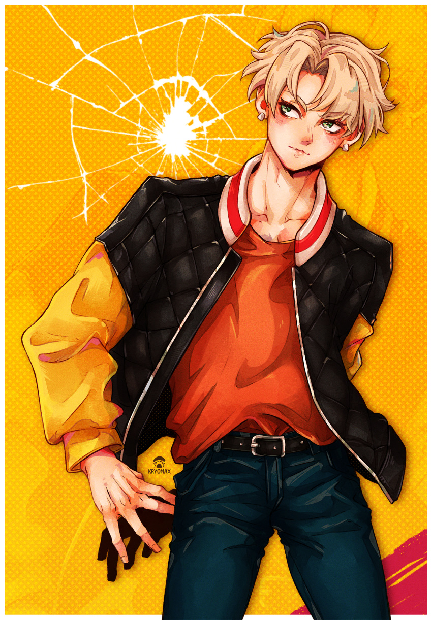 1boy artist_name bad_hands belt black_jacket blonde_hair crack denim ear_piercing english_commentary finn_oldman green_eyes high_card highres jacket long_neck male_focus max_art149 orange_shirt parted_bangs piercing shirt solo standing yellow_background yellow_jacket