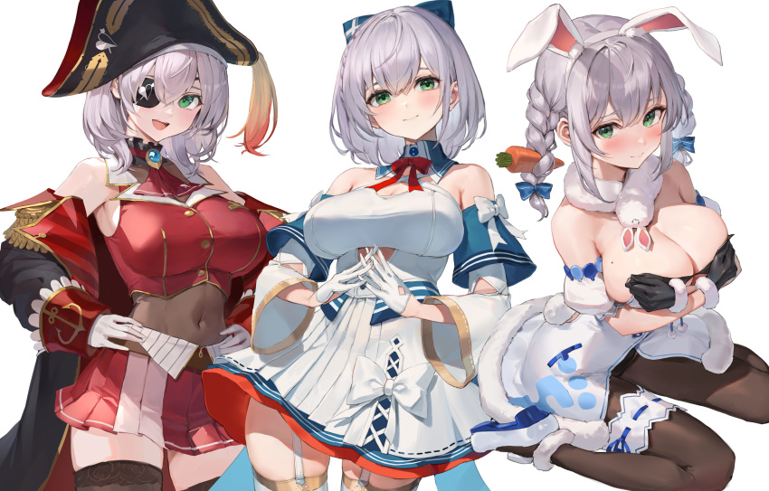 1girl absurdres blush braid breast_hold breasts bursting_breasts carrot_hair_ornament cosplay don-chan_(usada_pekora) eyepatch food-themed_hair_ornament fur-trimmed_gloves fur_scarf fur_trim gloves green_eyes grey_hair hair_ornament hair_ribbon hat highres hololive houshou_marine houshou_marine_(cosplay) kneeling lace-trimmed_legwear lace_trim large_breasts leotard leotard_under_clothes looking_at_viewer mole mole_on_breast multiple_persona navel official_alternate_hair_length official_alternate_hairstyle open_mouth pirate_hat ribbon see-through see-through_leotard shiranui_flare shiranui_flare_(cosplay) shirogane_noel simple_background smile strapless_coat thighhighs twin_braids usada_pekora usada_pekora_(cosplay) virtual_youtuber watao white_background