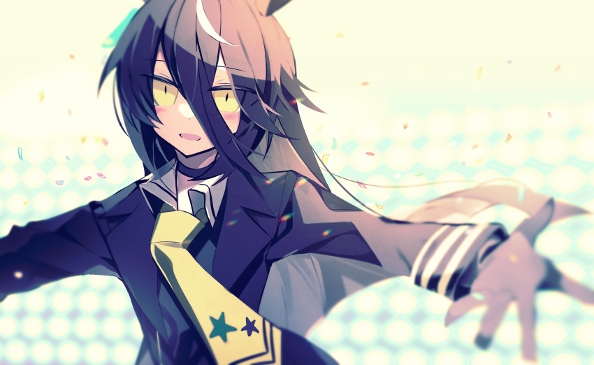 1girl animal_ears black_choker black_hair black_jacket blazer blush choker close-up collared_shirt confetti dot_nose hair_between_eyes highres horse_ears horse_girl jacket long_hair long_sleeves looking_at_viewer manhattan_cafe_(umamusume) meto_(metrin) necktie open_clothes open_hand open_jacket open_mouth out_of_frame outstretched_arms shirt sidelocks smile solo star_(symbol) umamusume upper_body white_shirt wing_collar yellow_eyes yellow_necktie