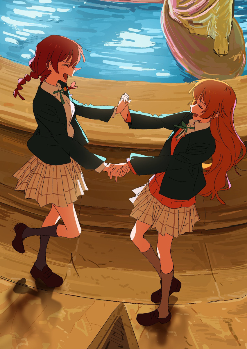 2girls braid brown_hair closed_eyes dancing emma_verde fountain happy highres holding_hands interlocked_fingers kerorira konoe_kanata light_blush long_hair love_live! love_live!_nijigasaki_high_school_idol_club low_twin_braids multiple_girls nijigasaki_academy_school_uniform open_mouth school_uniform sketch smile statue twin_braids water wavy_hair yuri