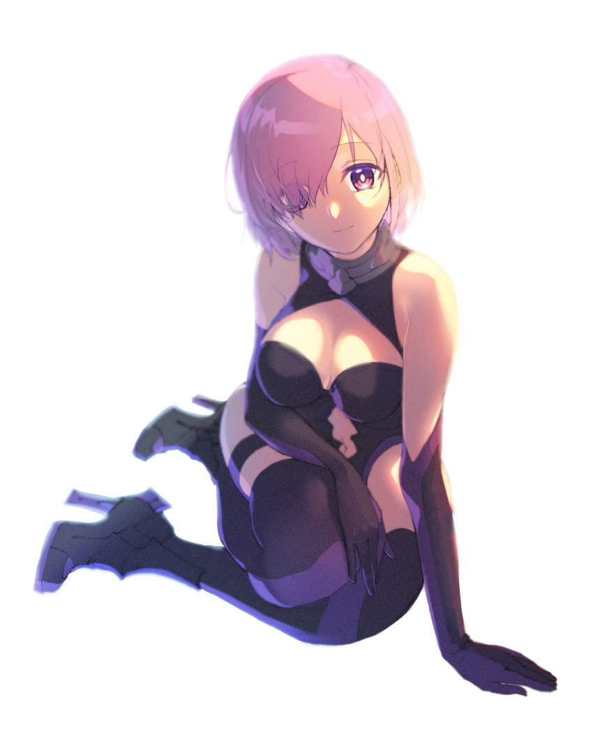 1girl absurdres black_gloves black_leotard black_thighhighs breasts cleavage cleavage_cutout closed_mouth clothing_cutout elbow_gloves ena1215 eyes_visible_through_hair fate/grand_order fate_(series) full_body gloves hair_over_one_eye high_heels highres leotard looking_at_viewer mash_kyrielight medium_breasts navel pink_hair purple_eyes purple_thighhighs short_hair simple_background sitting smile solo stomach_cutout thighhighs two-tone_gloves two-tone_thighhighs white_background