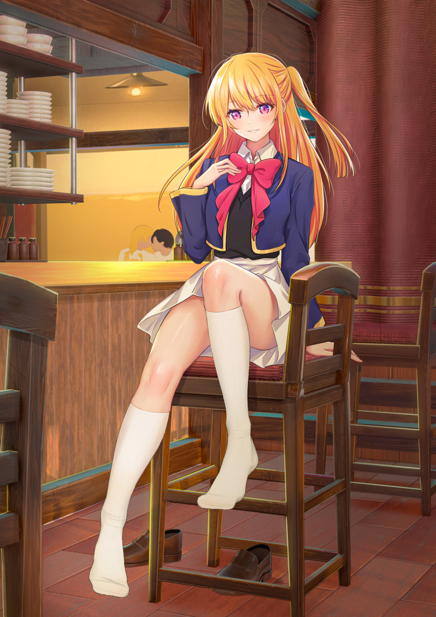 1girl absurdres arm_support bar_(place) black_sweater_vest blonde_hair blue_jacket blush bow bowtie brown_footwear chair collared_shirt commentary commission cropped_jacket dress_shirt english_commentary ghhoward grey_skirt hair_between_eyes hand_up highres hoshino_ruby indoors jacket kneehighs loafers long_hair long_sleeves looking_at_viewer multicolored_eyes no_shoes one_side_up open_clothes open_jacket oshi_no_ko people pink_bow pink_bowtie pink_eyes pleated_skirt purple_eyes school_uniform shirt shoes shoes_removed sidelocks sitting skirt smile socks solo_focus star_(symbol) star_in_eye sweater_vest symbol_in_eye white_shirt white_socks youtou_high_school_uniform