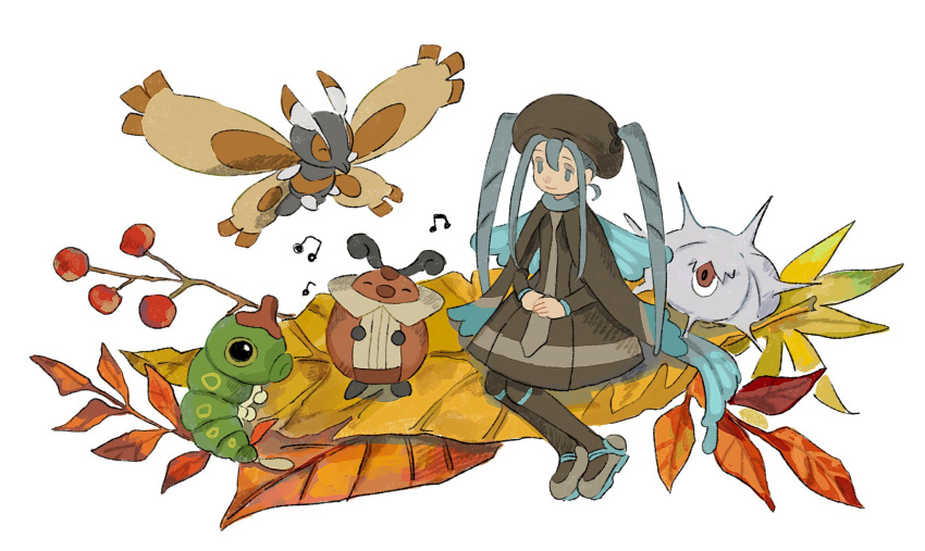 1girl blue_eyes blue_hair bug bug_miku_(project_voltage) caterpie closed_eyes closed_mouth commentary dress full_body hair_between_eyes hands_on_lap hat hatsune_miku highres kebe6p kricketot leaf long_hair long_sleeves moth mothim musical_note pantyhose pokemon pokemon_(creature) project_voltage shoes silcoon simple_background sitting vocaloid white_background