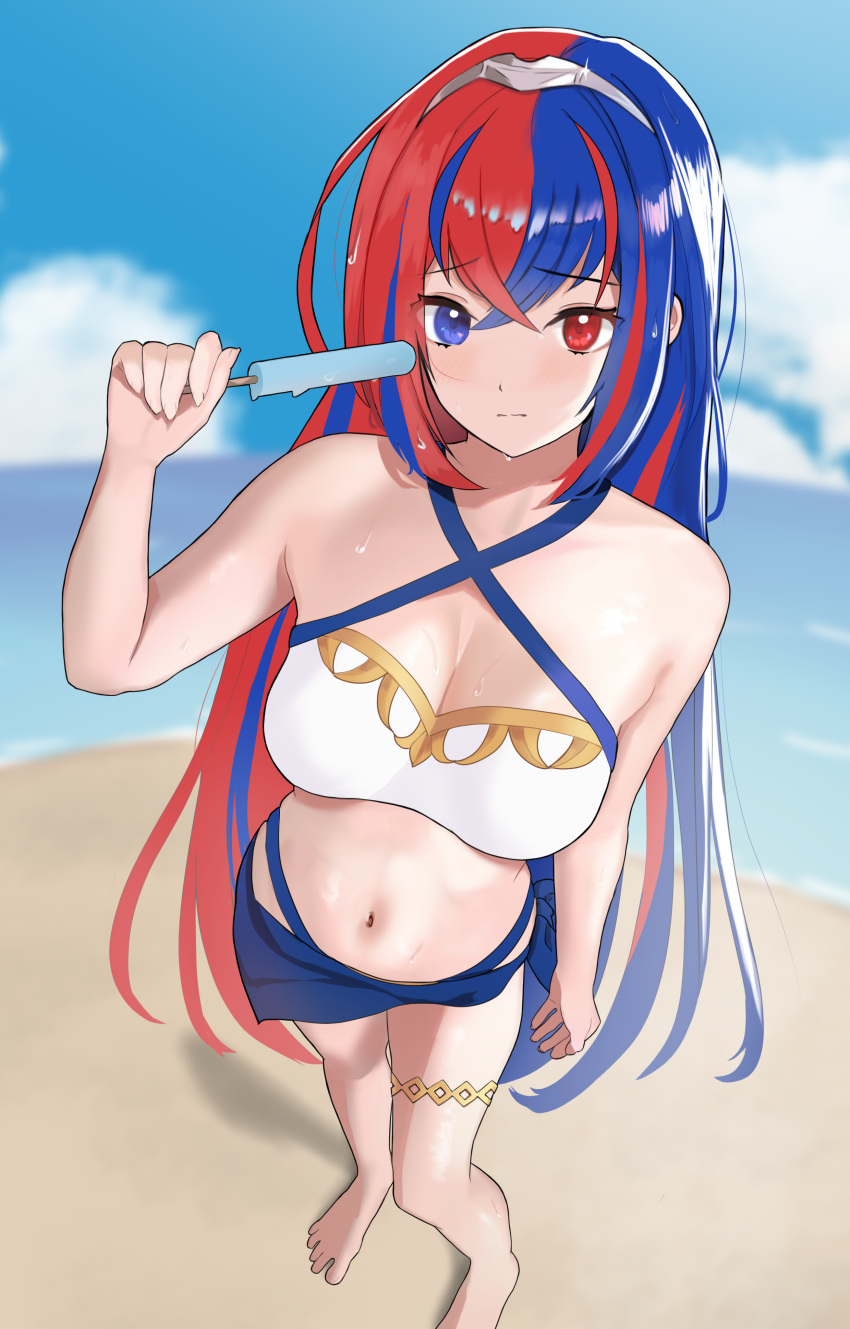 1girl absurdres alear_(female)_(fire_emblem) alear_(fire_emblem) beach bikini blue_bikini blue_eyes blue_hair blue_sky breasts cleavage closed_mouth crossed_bangs fire_emblem fire_emblem_engage heterochromia highres holding long_hair looking_at_viewer me0i midriff multicolored_hair navel official_alternate_costume red_eyes red_hair sky solo split-color_hair standing swimsuit tiara two-tone_hair white_bikini