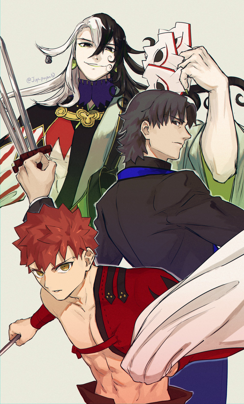 3boys abs absurdres ashiya_douman_(fate) asymmetrical_clothes asymmetrical_hair battle black_eyes black_hair black_keys_(type-moon) curly_hair emiya_shirou eyeshadow fate/grand_order fate_(series) fingernails green_eyeshadow green_kimono green_lips hadanugi_dousa hair_between_eyes highres japanese_clothes jop_pupu0 kimono long_hair looking_at_viewer makeup male_focus multicolored_hair multiple_boys navel open_clothes open_kimono pectorals priest profile rasputin_(fate) senji_muramasa_(fate) serious sharp_fingernails shikigami short_hair split-color_hair toned toned_male very_long_hair white_hair