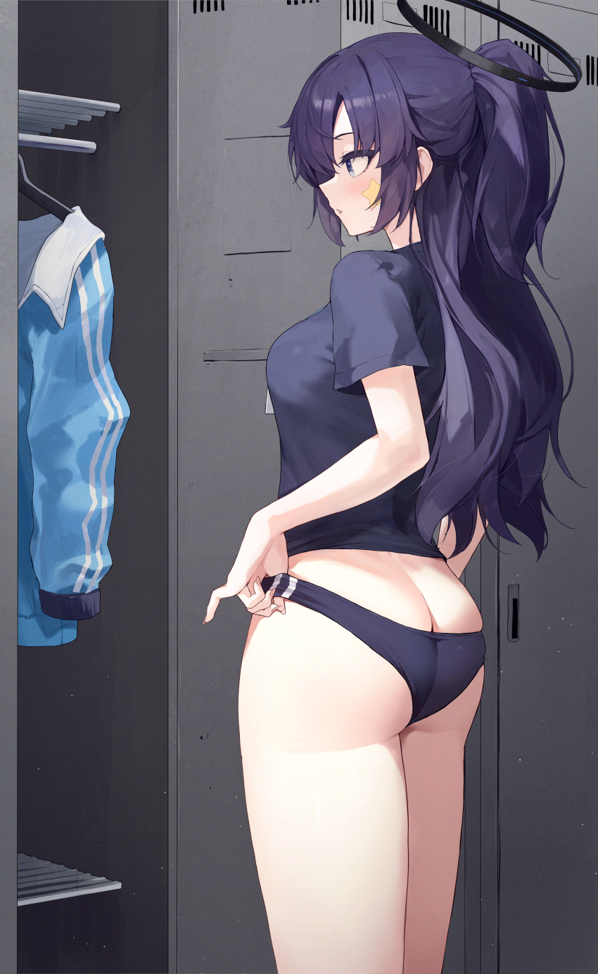 1girl absurdres adjusting_buruma adjusting_clothes ass blue_archive blue_eyes breasts buruma butt_crack clothes_hanger from_side highres jacket jacket_removed light_particles locker medium_breasts official_alternate_costume parted_lips purple_hair shirt solo star_sticker sticker_on_face t-shirt toi1et_paper track_jacket yuuka_(blue_archive) yuuka_(track)_(blue_archive)