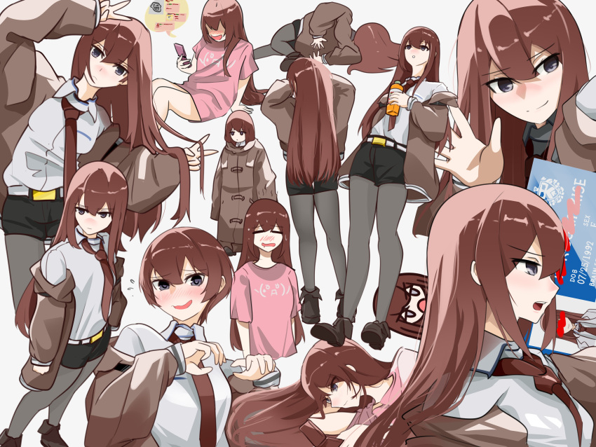 1girl absurdres black_shorts blue_eyes brown_hair brown_jacket emoticon highres holeecrab jacket long_hair makise_kurisu multiple_views necktie pink_shirt red_necktie shirt short_hair shorts solo steins;gate white_background white_shirt