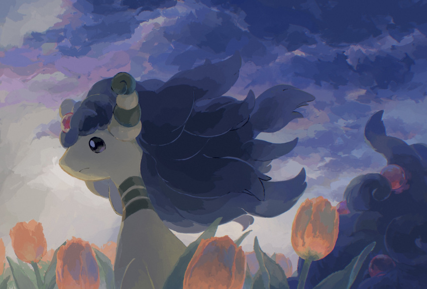 ampharos bright_pupils brown_eyes closed_mouth cloud cloudy_sky commentary_request flower from_side highres mega_ampharos mega_pokemon no_humans orange_flower outdoors penurodae pokemon pokemon_(creature) sky solo white_pupils