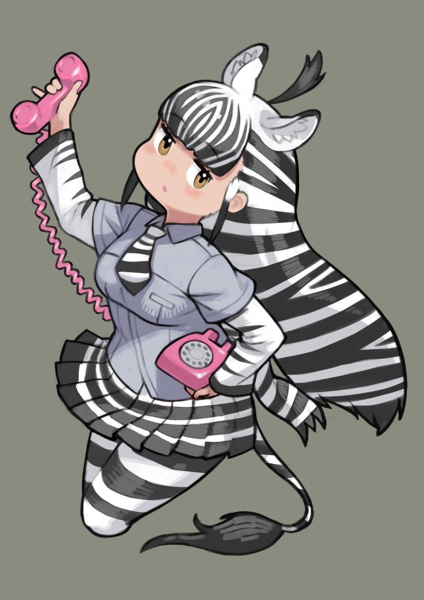 1girl animal_ears animal_print brown_eyes extra_ears grey_background highres kemono_friends long_hair looking_at_viewer necktie pantyhose phone plains_zebra_(kemono_friends) rinx shirt simple_background skirt solo tail zebra_ears zebra_girl zebra_print zebra_tail