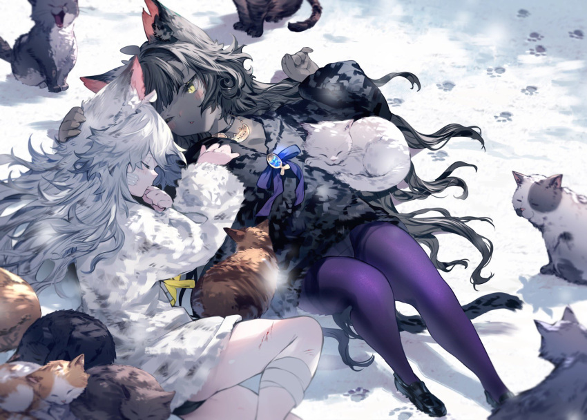 2girls animal animal_ears bandage_on_face bandaged_leg bandages black_footwear black_hair black_panties black_skin black_sweater bukurote cat cat_ears cat_girl cat_tail colored_skin cuts dirty dirty_clothes fur_sweater hand_on_another's_head highres injury long_hair long_sleeves lying multiple_girls no_pants notched_ear on_back on_ground on_side one_eye_closed original panties paw_print sleeping snow sweater tail thighhighs too_many too_many_cats underwear white_hair white_sweater yellow_eyes